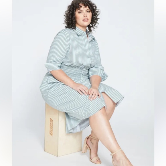 Universal Standard Hamptons Smocked Shirtdress size L 22/24 Green and white - Picture 2 of 13